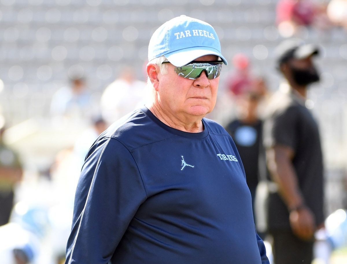 Nov 2, 2024; Tallahassee, Florida, USA;  North Carolina Tarheels head coach Mack Brown during warmups before a game against the Florida State Seminoles at Doak S. Campbell Stadium. Mandatory Credit: Robert Myers-Imagn Images