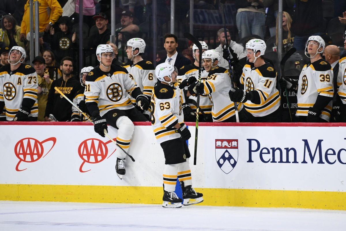 Nov 2, 2024; Philadelphia, Pennsylvania, USA; Boston Bruins left wing Brad Marchand (63) celebrates with teammates after scoring a goal against the Philadelphia Flyers in the third period at Wells Fargo Center. Mandatory Credit: Kyle Ross-Imagn Images