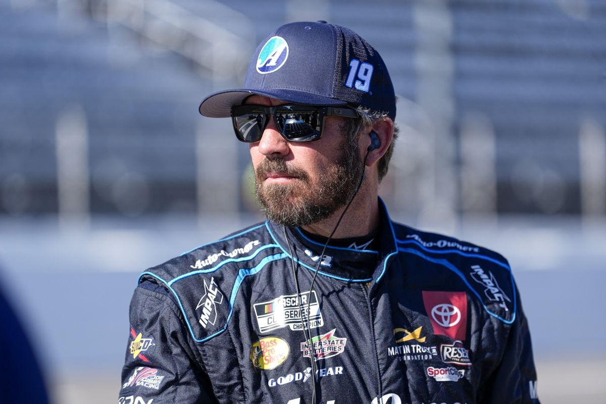 Nov 2, 2024; Martinsville, Virginia, USA; NASCAR Cup Series driver Martin Truex Jr. (19) waits for his turn during  cup qualifying at Martinsville Speedway. Mandatory Credit: Jim Dedmon-Imagn Images