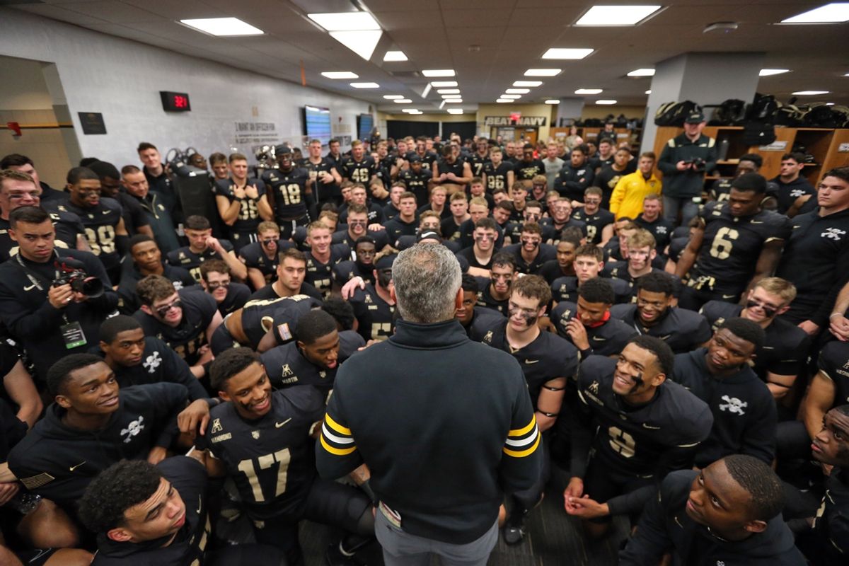 Nov 2, 2024; West Point, New York, USA; Army Black Knights head coach Jeff Monken speaks to his players in the locker room after a 20-3 win against the Air Force Falcons at Michie Stadium. Mandatory Credit: Danny Wild-Imagn Images