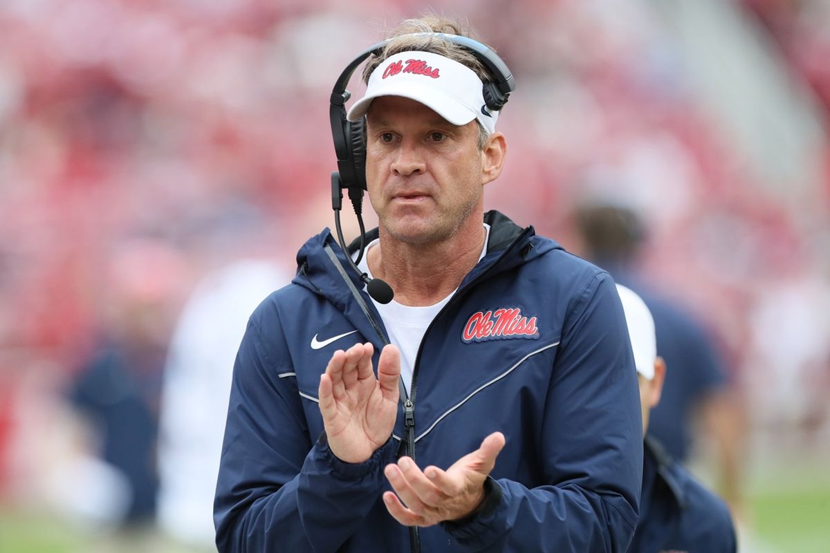 Nov 2, 2024; Fayetteville, Arkansas, USA; Ole Miss Rebels head coach Lane Kiffin in the fourth quarter against the Arkansas Razorbacks at Donald W. Reynolds Razorback Stadium. Mississippi won 63-31. Mandatory Credit: Nelson Chenault-Imagn Images