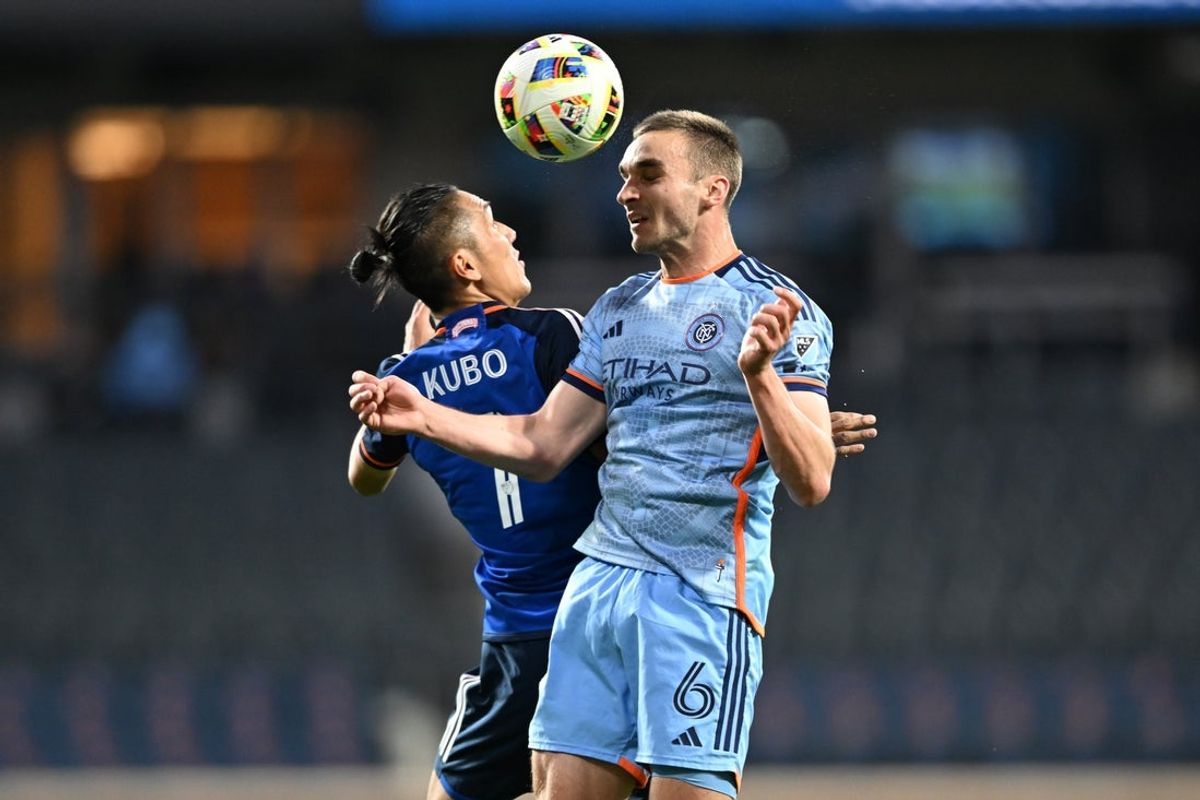 Nov 2, 2024; Harrison, New Jersey, USA; FC Cincinnati forward Yuya Kubo (7) battles New York City FC midfielder James Sands (6) for the ball in the first half in a 2024 MLS Cup Playoffs Round One match at Red Bull Arena. Mandatory Credit: Mark Smith-Imagn Images