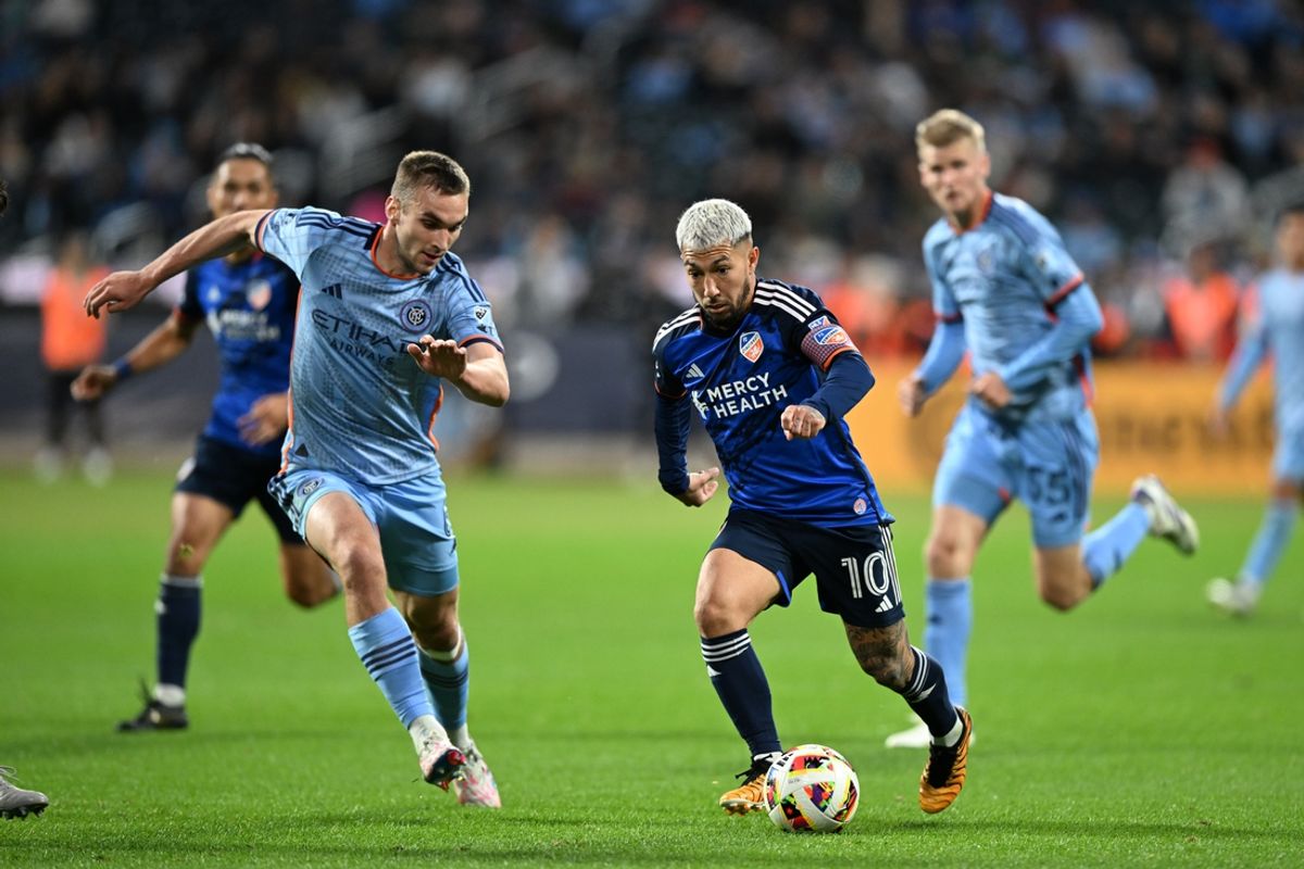 Nov 2, 2024; Harrison, New Jersey, USA; FC Cincinnati midfielder Luciano Acosta (10) plays the ball in the first half against the New York City FC  in a 2024 MLS Cup Playoffs Round One match at Red Bull Arena. Mandatory Credit: Mark Smith-Imagn Images