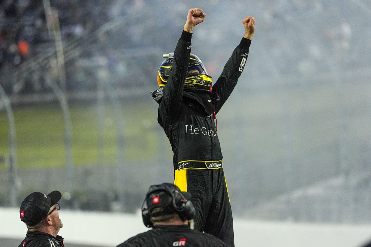 Nov 2, 2024; Martinsville, Virginia, USA;  NASCAR Xfinity Series driver Aric Almirola (20) wins the National Debt Relief 250 at Martinsville Speedway. Mandatory Credit: Jim Dedmon-Imagn Images