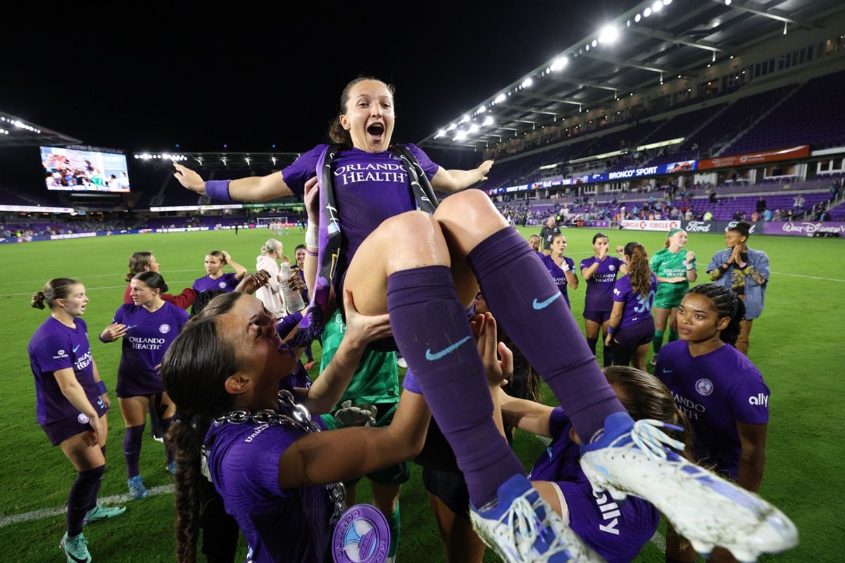 Nov 2, 2024; Orlando, Florida, USA; Orlando Pride defender Kerry Abello (25) celebrates after the match against Seattle Reign FC at Inter&Co Stadium. Mandatory Credit: Nathan Ray Seebeck-Imagn Images