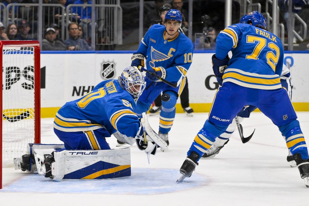 Nov 2, 2024; St. Louis, Missouri, USA;  St. Louis Blues goaltender Jordan Binnington (50) defends the net against the Toronto Maple Leafs during the first period at Enterprise Center. Mandatory Credit: Jeff Curry-Imagn Images