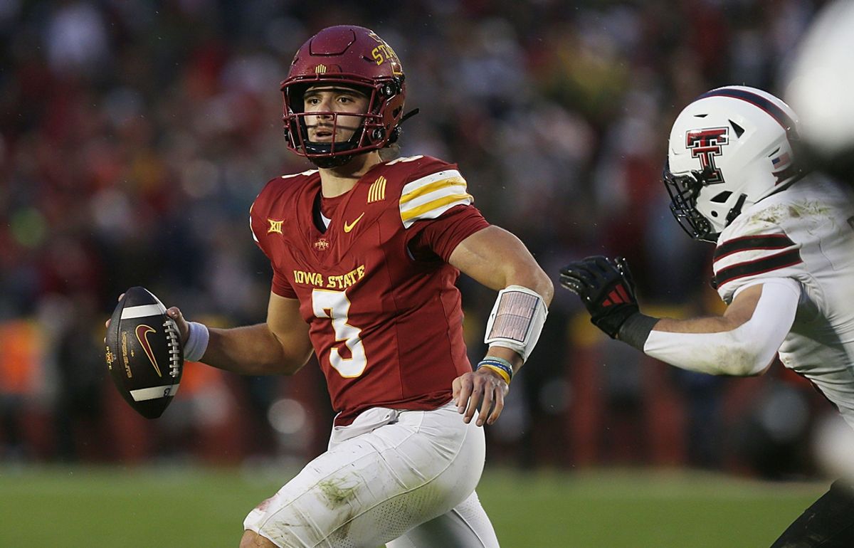 Iowa State Cyclones quarterback Rocco Becht (3) looks for pass the ball against Texas Tech Red Raiders' during the fourth quarter in the week-10 NCAA football at Jack Trice Stadium on Saturday, Nov. 2, 2024, in Ames, Iowa.