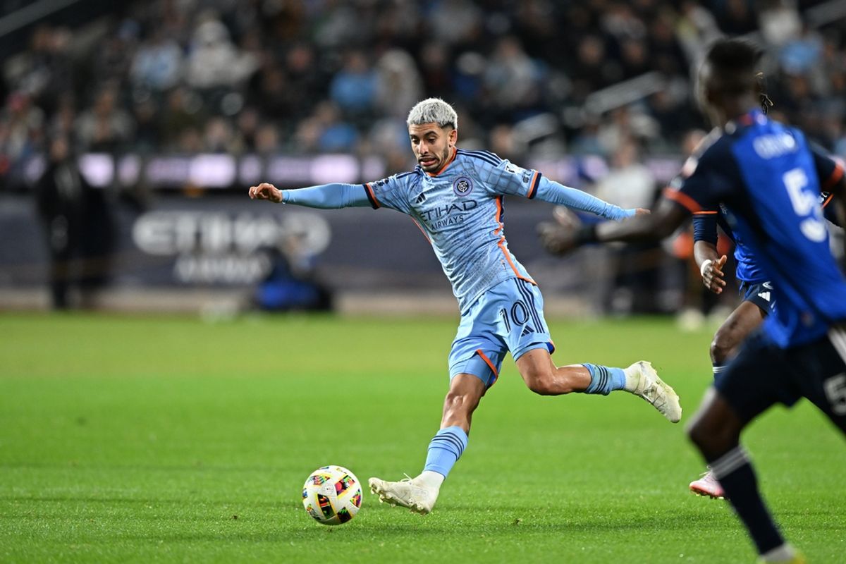 Nov 2, 2024; Harrison, New Jersey, USA; New York City FC midfielder Santiago Rodriguez (10) plays the ball in the second half against the FC Cincinnati  in a 2024 MLS Cup Playoffs Round One match at Red Bull Arena. Mandatory Credit: Mark Smith-Imagn Images