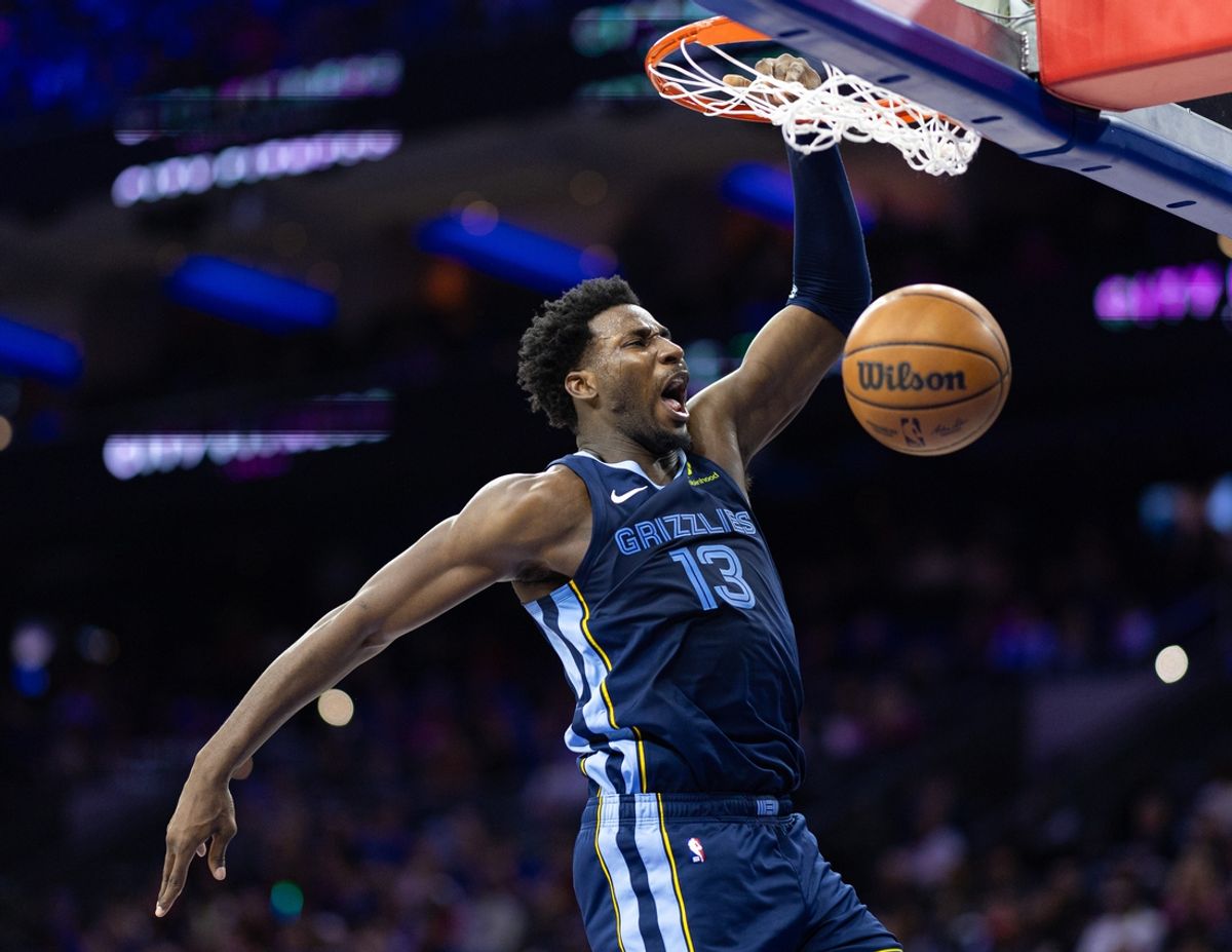 Nov 2, 2024; Philadelphia, Pennsylvania, USA; Memphis Grizzlies forward Jaren Jackson Jr. (13) dunks the ball against the Philadelphia 76ers during the fourth quarter at Wells Fargo Center. Mandatory Credit: Bill Streicher-Imagn Images