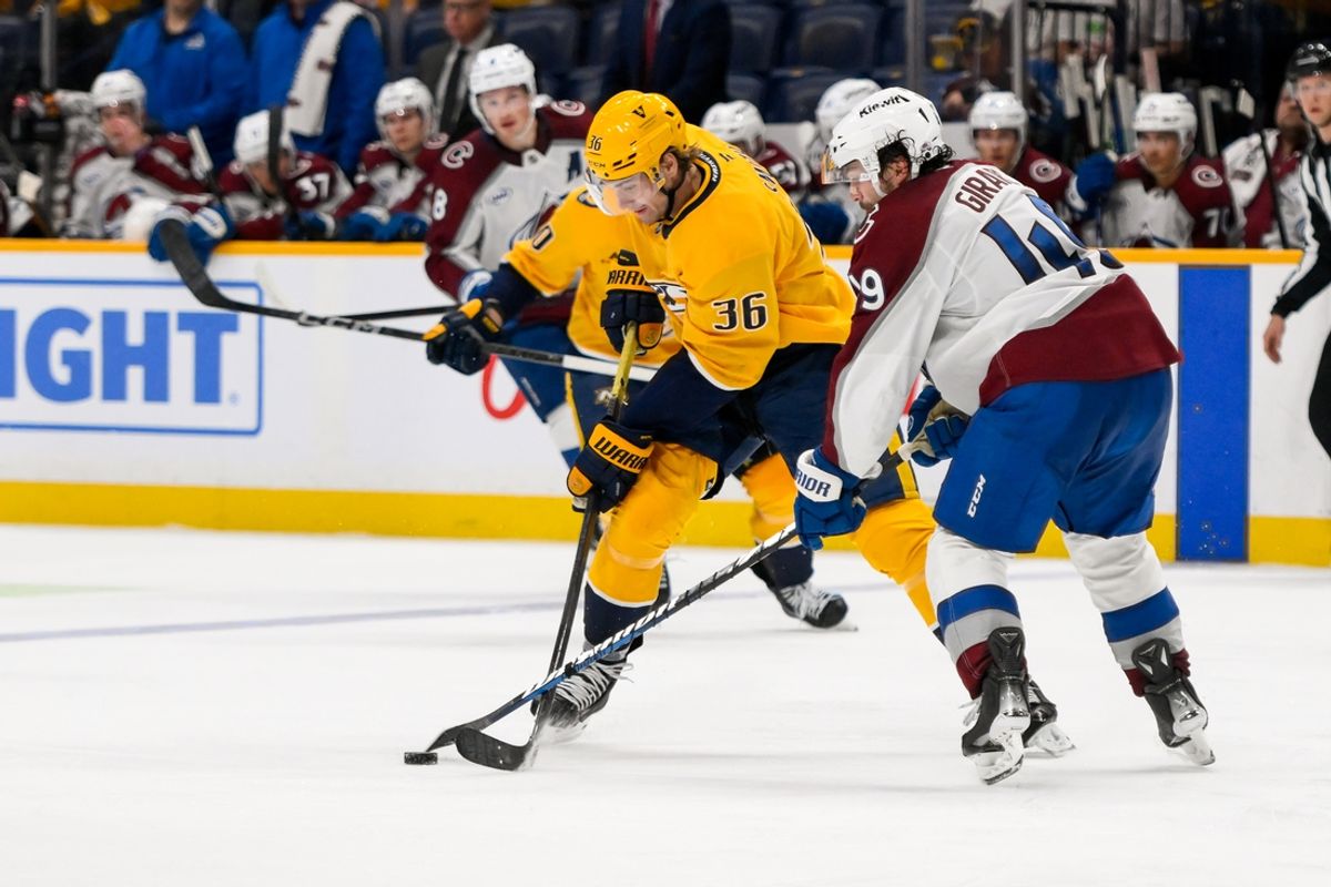 Nov 2, 2024; Nashville, Tennessee, USA;  Nashville Predators left wing Cole Smith (36) and Colorado Avalanche right wing Chris Wagner (14) fight for the puck during the third period at Bridgestone Arena. Mandatory Credit: Steve Roberts-Imagn Images