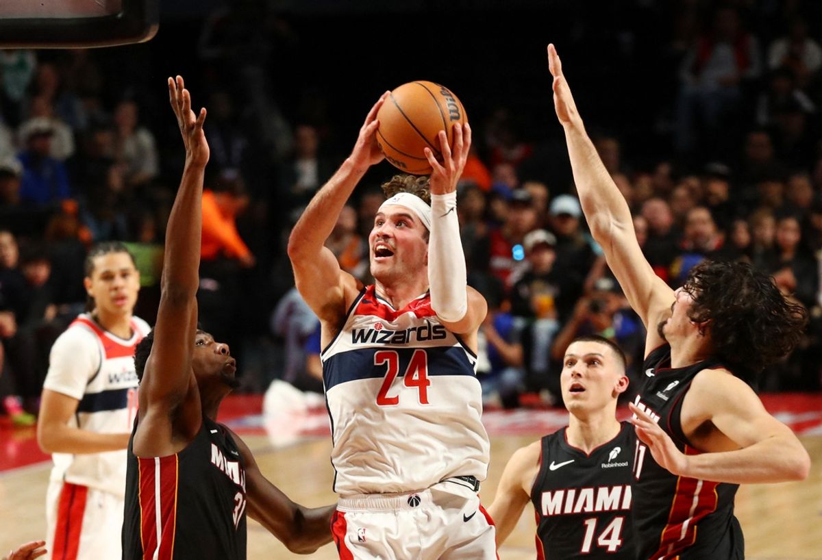 [US, Mexico & Canada customers only] Nov 2, 2024; Mexico City, MEXICO; Washington Wizards player Corey Kispert shoots against the Miami Heat during a NBA basketball game at Arena CDMX. Mandatory Credit: Henry Romero/Reuters via Imagn Images