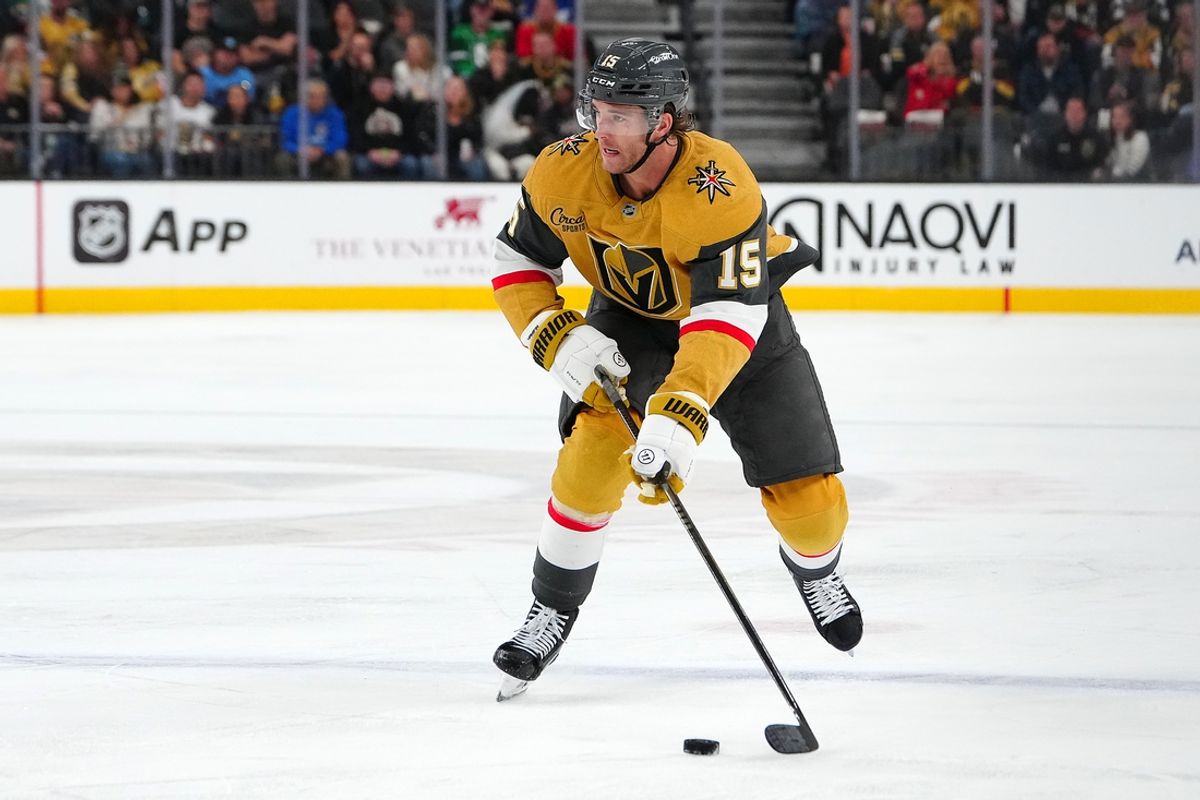 Nov 2, 2024; Las Vegas, Nevada, USA; Vegas Golden Knights defenseman Noah Hanifin (15) skates against the Utah Hockey Club during the second period at T-Mobile Arena. Mandatory Credit: Stephen R. Sylvanie-Imagn Images