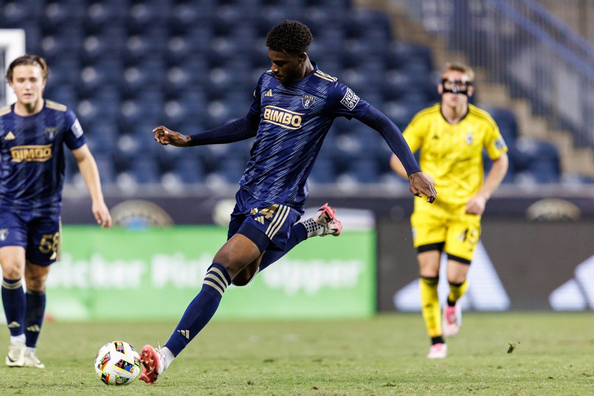 Nov 2, 2024; Chester, Pennsylvania, USA; Philadelphia Union II defender Neil Pierre (44) passes against Columbus Crew 2 during the second half at Subaru Park. Mandatory Credit: Caean Couto-Imagn Images