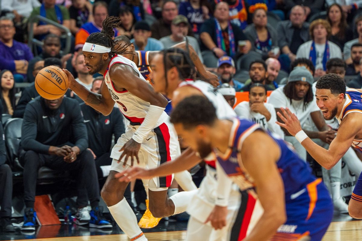 Nov 2, 2024; Phoenix, Arizona, USA;  Portland Trail Blazers forward Jerami Grant (9) drives to the basket against the Phoenix Suns in the last minute of the game at Footprint Center. Mandatory Credit: Allan Henry-Imagn Images