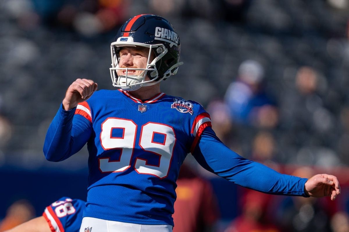 New York Giants place kicker Jude McAtamney (99) kicks a field goal during warm ups prior to the start of the game between the New York Giants and the Washington Commanders at MetLife Stadium in East Rutherford on Sunday, Nov. 3, 2024.