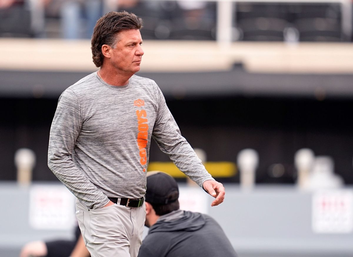 Oklahoma State coach Mike Gundy watches warm ups before the first half the college football game between the Oklahoma State Cowboys and the Arizona State Sun Devils at Boone Pickens Stadium in Stillwater, Okla., Saturday, Nov., 2, 2024.