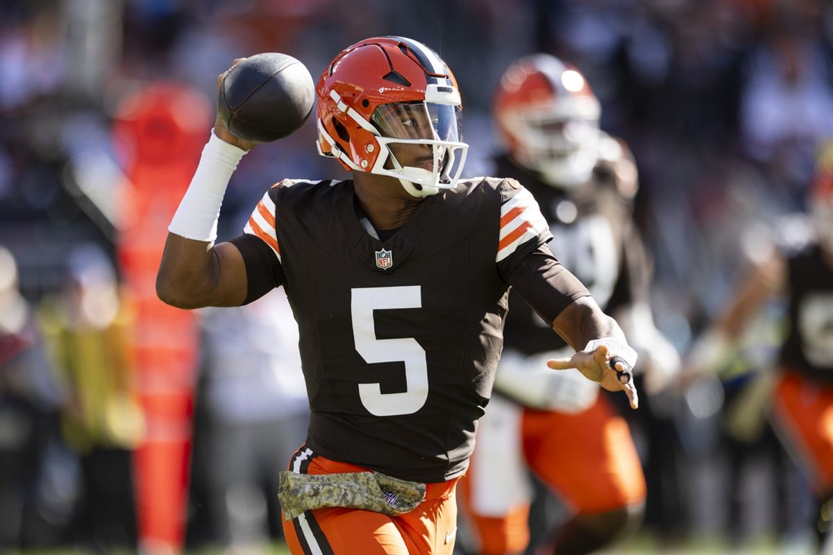 Nov 3, 2024; Cleveland, Ohio, USA; Cleveland Browns quarterback Jameis Winston (5) looks to throw the ball during the first quarter against the Los Angeles Chargers at Huntington Bank Field. Mandatory Credit: Scott Galvin-Imagn Images