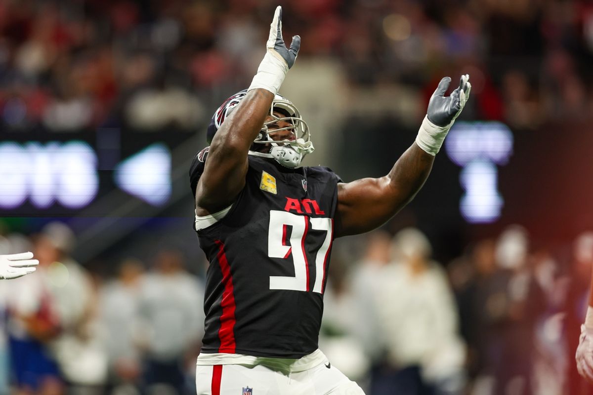 Nov 3, 2024; Atlanta, Georgia, USA; Atlanta Falcons defensive end Grady Jarrett (97) celebrates after a sack against the Dallas Cowboys in the first quarter at Mercedes-Benz Stadium. Mandatory Credit: Brett Davis-Imagn Images
