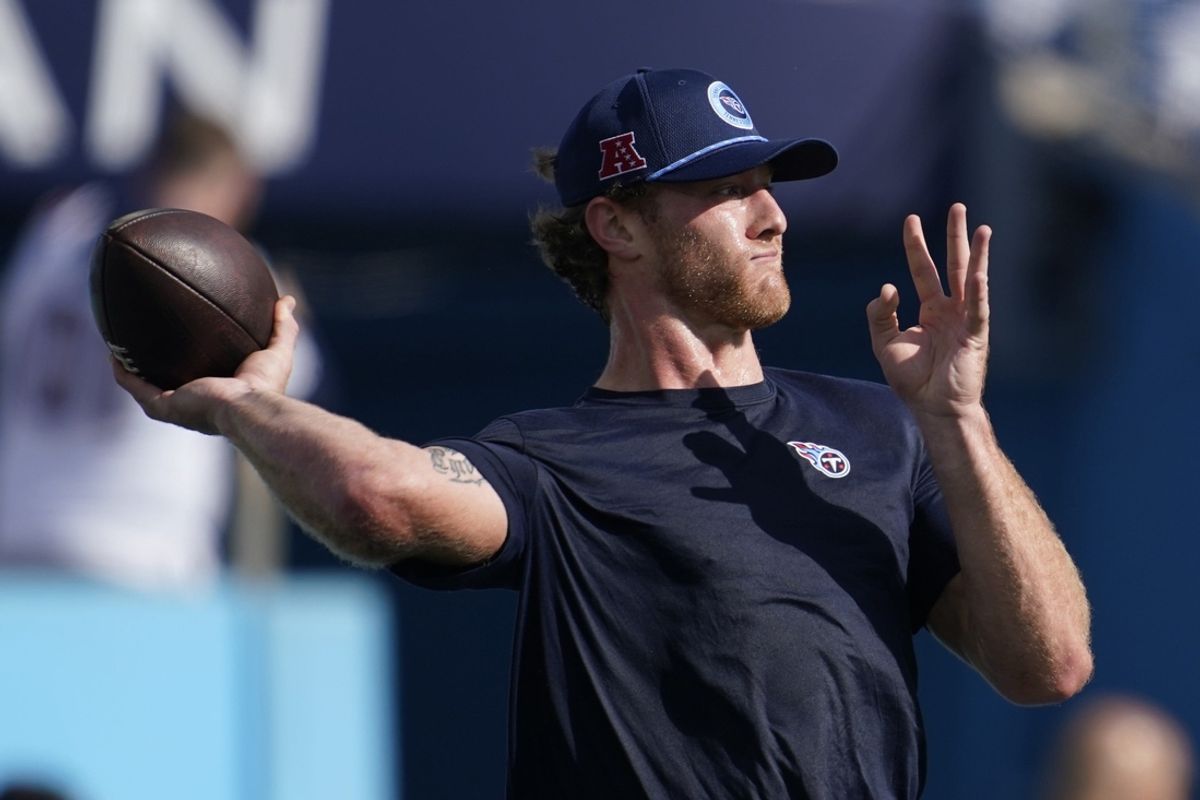 Titans quarterback Will Levis warms up before the game. The Tennessee Titans take on the New England Patriots at Nissan Stadium in Nashville, Tenn., Sunday, Nov. 3, 2024.