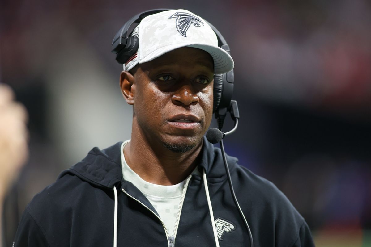 Nov 3, 2024; Atlanta, Georgia, USA; Atlanta Falcons head coach Raheem Morris on the sideline against the Dallas Cowboys in the second quarter at Mercedes-Benz Stadium. Mandatory Credit: Brett Davis-Imagn Images