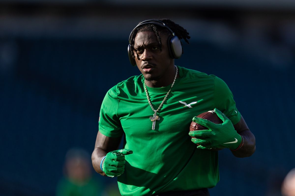 Nov 3, 2024; Philadelphia, Pennsylvania, USA; Philadelphia Eagles wide receiver A.J. Brown warms up before action against the Jacksonville Jaguars at Lincoln Financial Field. Mandatory Credit: Bill Streicher-Imagn Images