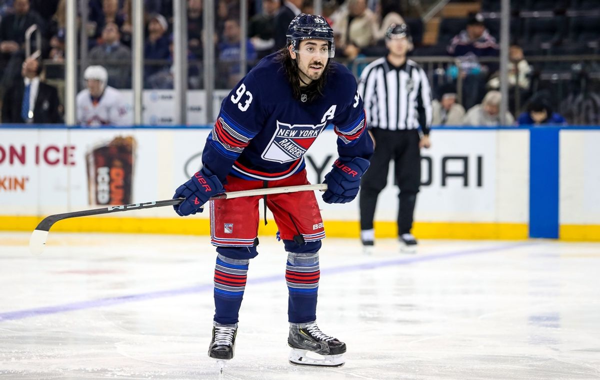 Nov 3, 2024; New York, New York, USA; New York Rangers center Mika Zibanejad (93) skates during the third period against the New York Islanders at Madison Square Garden. Mandatory Credit: Danny Wild-Imagn Images