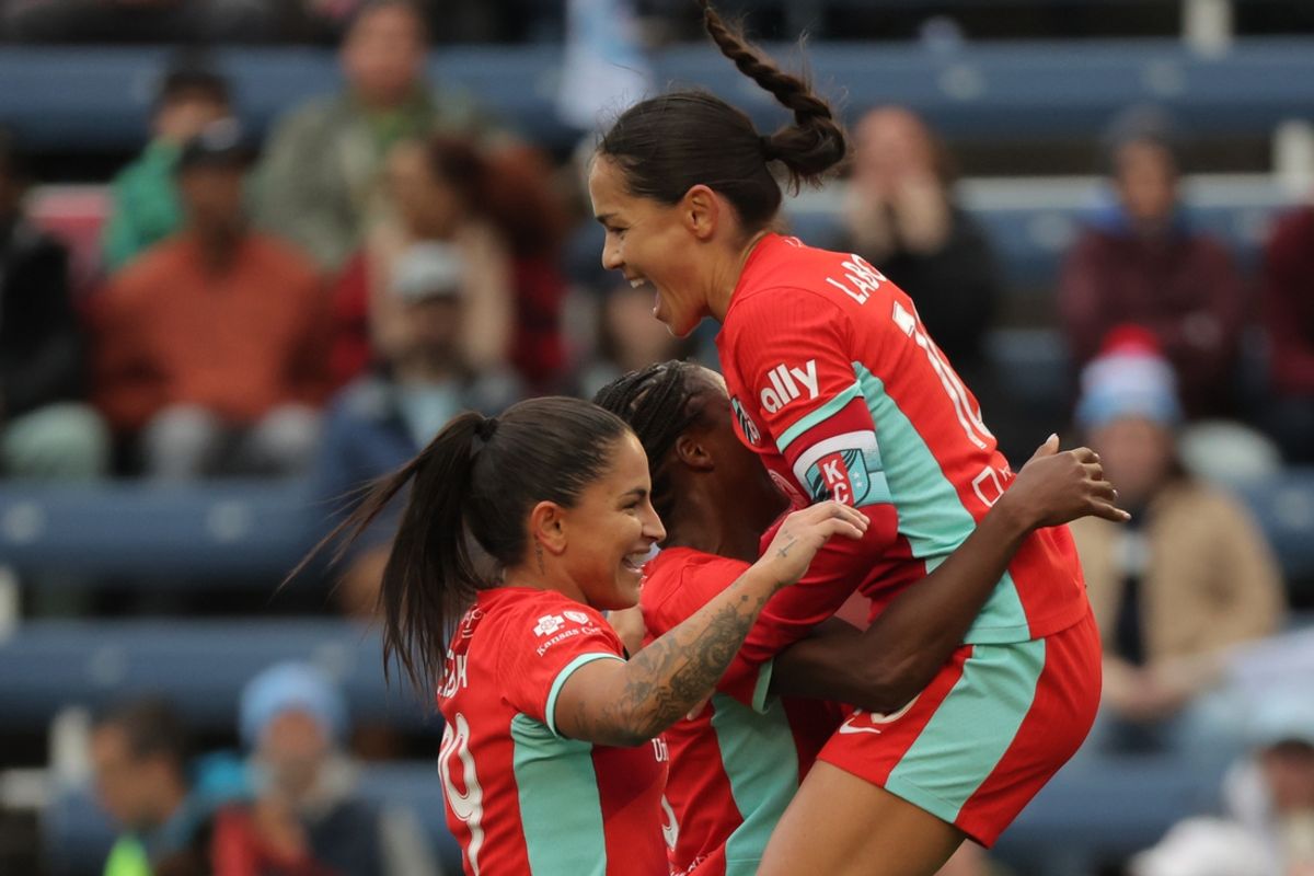 Nov 3, 2024; Bridgeview, Illinois, USA; Kansas City Current forward Nichelle Prince (8) celebrates after scoring with Kansas City Current midfielder Debinha (99) in the first half against the Chicago Red Stars at SeatGeek Stadium. Mandatory Credit: Melissa Tamez-Imagn Images