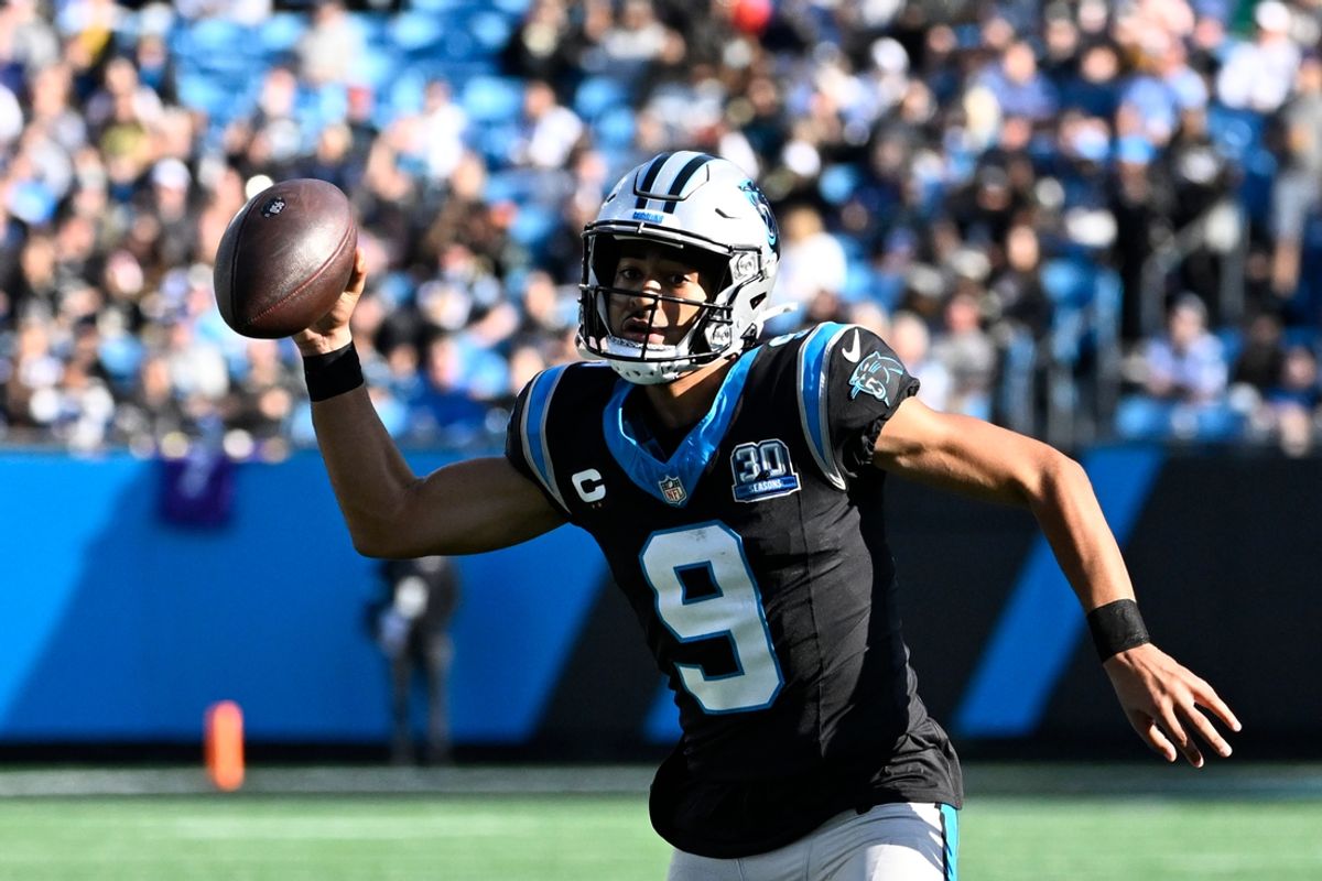 Nov 3, 2024; Charlotte, North Carolina, USA; Carolina Panthers quarterback Bryce Young (9) with the ball in the third qarter at Bank of America Stadium. Mandatory Credit: Bob Donnan-Imagn Images