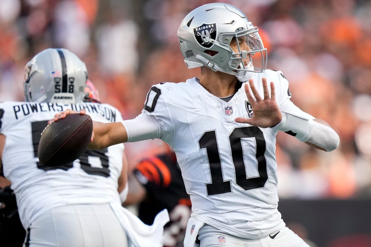 Las Vegas Raiders quarterback Desmond Ridder (10) throws a pass in the third quarter of the NFL Week 9 game between the Cincinnati Bengals and the Las Vegas Raiders at Paycor Stadium in downtown Cincinnati on Sunday, Nov. 3, 2024. The Bengals collected their first win at home with a 41-24 victory over the Raiders.
