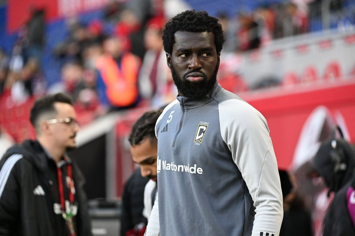 Nov 3, 2024; Harrison, New Jersey, USA; Columbus Crew midfielder Derrick Jones (5) warms up before a game against the New York Red Bulls in a 2024 MLS Cup Playoffs Round One match at Red Bull Arena. Mandatory Credit: Mark Smith-Imagn Images