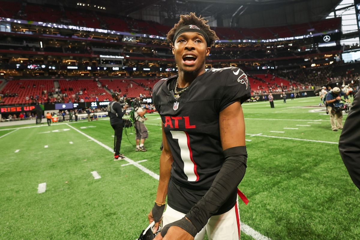 Nov 3, 2024; Atlanta, Georgia, USA; Atlanta Falcons wide receiver Darnell Mooney (1) walks off the field after a victory over the Dallas Cowboys at Mercedes-Benz Stadium. Mandatory Credit: Brett Davis-Imagn Images