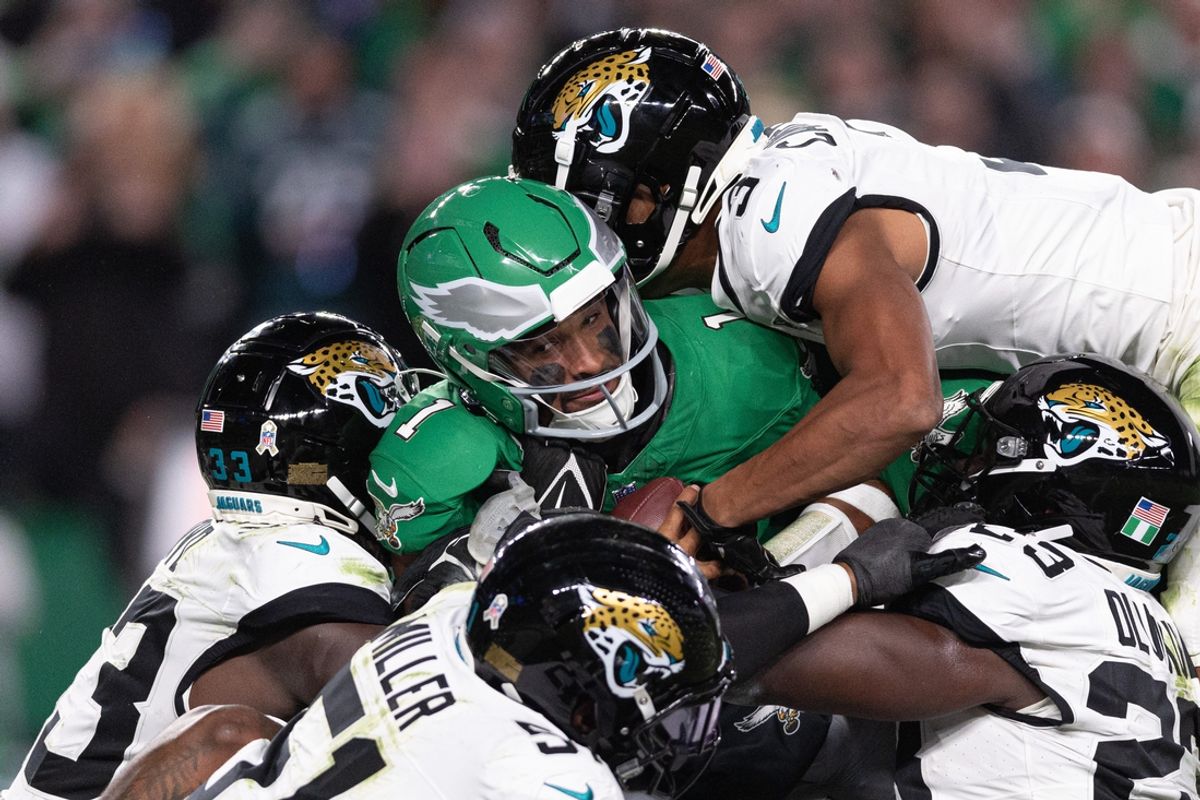 Nov 3, 2024; Philadelphia, Pennsylvania, USA; Philadelphia Eagles quarterback Jalen Hurts (1) is stopped by the Jacksonville Jaguars on a two point conversation attempt in the second quarter at Lincoln Financial Field. Mandatory Credit: Bill Streicher-Imagn Images