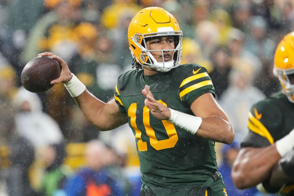 Nov 3, 2024; Green Bay, Wisconsin, USA;  Green Bay Packers quarterback Jordan Love (10) throws a pass during the second quarter against the Detroit Lions at Lambeau Field. Mandatory Credit: Jeff Hanisch-Imagn Images