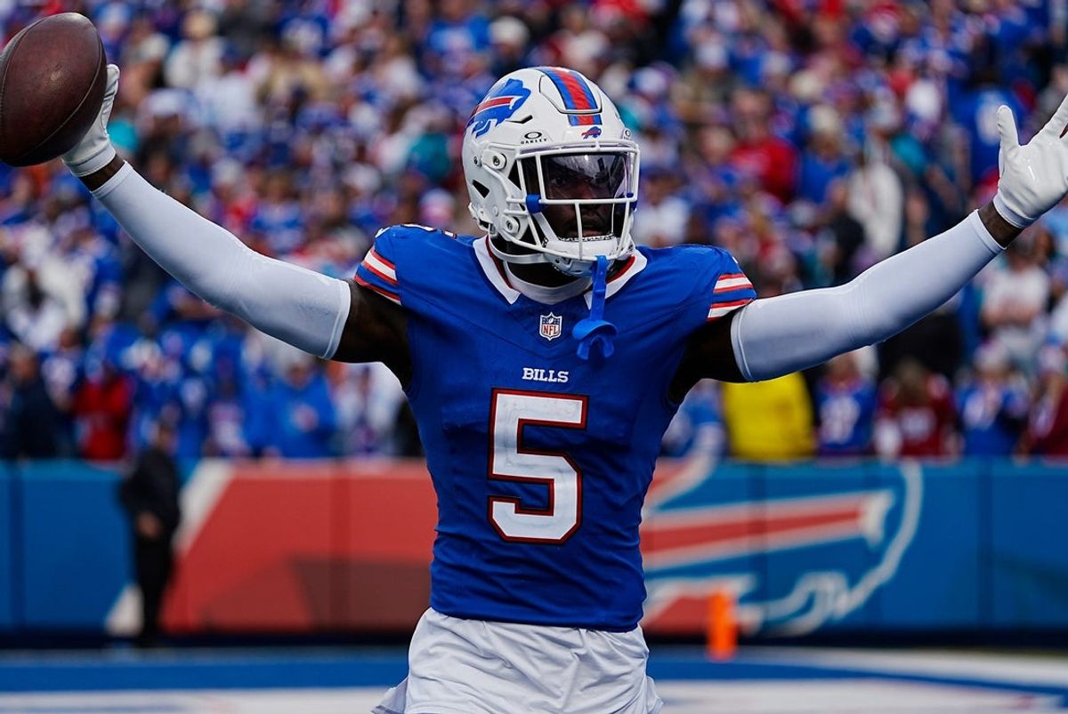 Bills Kaiir Elam celebrates his fumble recovery against Miami during second half action at Highmark Stadium on Nov. 3, 2024.