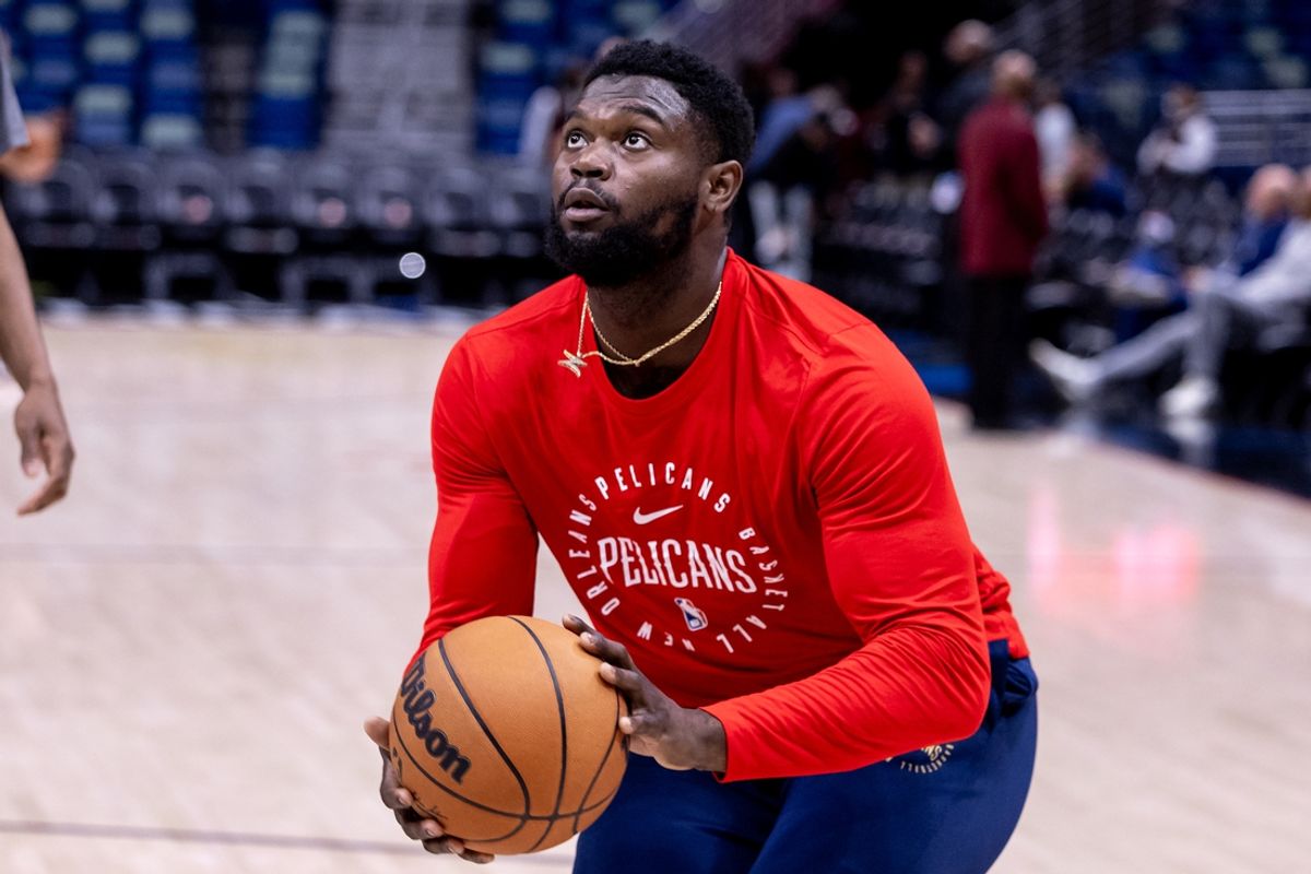 Nov 3, 2024; New Orleans, Louisiana, USA;  New Orleans Pelicans forward Zion Williamson (1) during warmups before the game against the Atlanta Hawks at Smoothie King Center. Mandatory Credit: Stephen Lew-Imagn Images