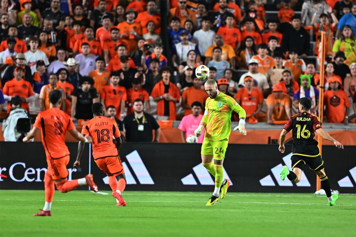 Nov 3, 2024; Houston, Texas, USA; Seattle Sounders FC  goalkeeper Stefan Frei (24) plays the ball in the first half against the Houston Dynamo FC in a 2024 MLS Cup Playoffs Round One match at Shell Energy Stadium. Mandatory Credit: Maria Lysaker-Imagn Images