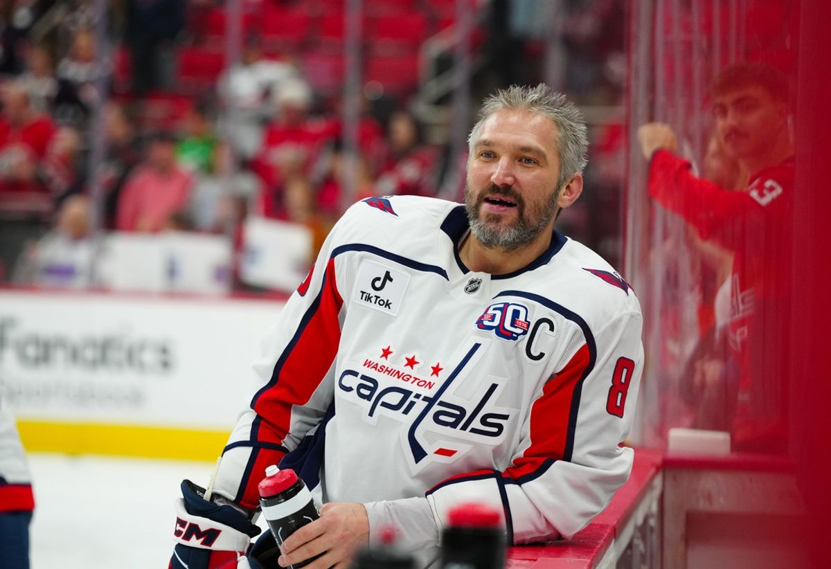 Nov 3, 2024; Raleigh, North Carolina, USA;  Washington Capitals left wing Alex Ovechkin (8) looks on during warmups against the Carolina Hurricanes against the Carolina Hurricanes at Lenovo Center. Mandatory Credit: James Guillory-Imagn Images