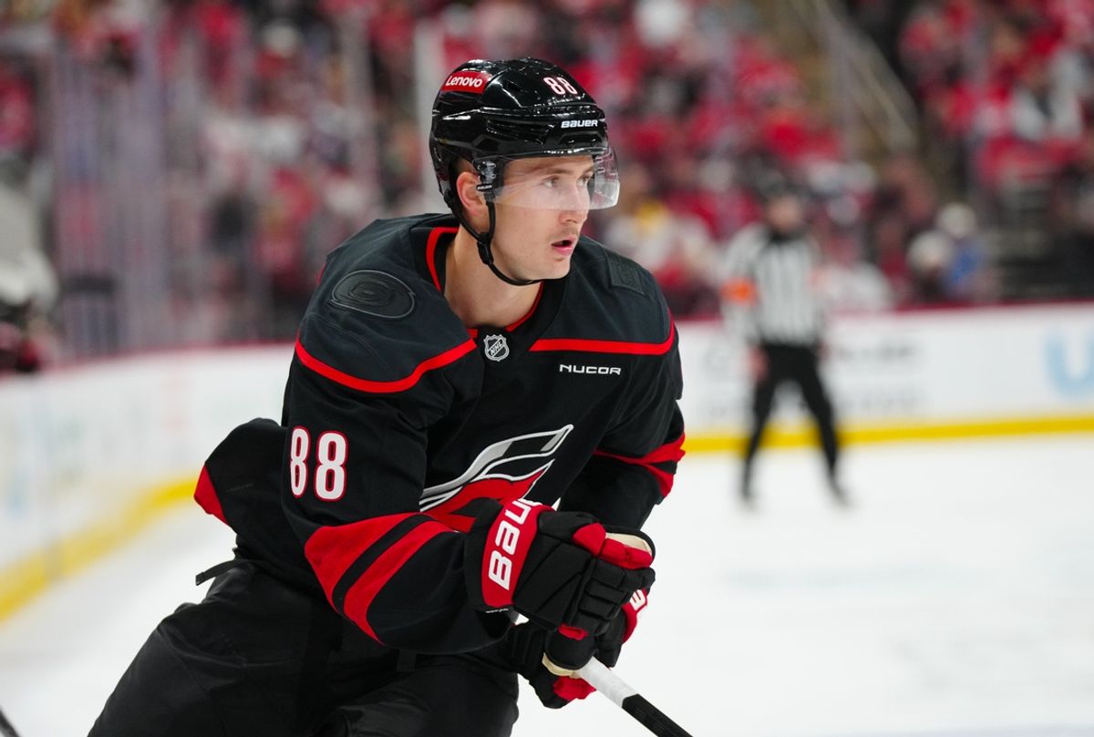 Nov 3, 2024; Raleigh, North Carolina, USA;  Carolina Hurricanes center Martin Necas (88) skates against the Washington Capitals during the second period at Lenovo Center. Mandatory Credit: James Guillory-Imagn Images