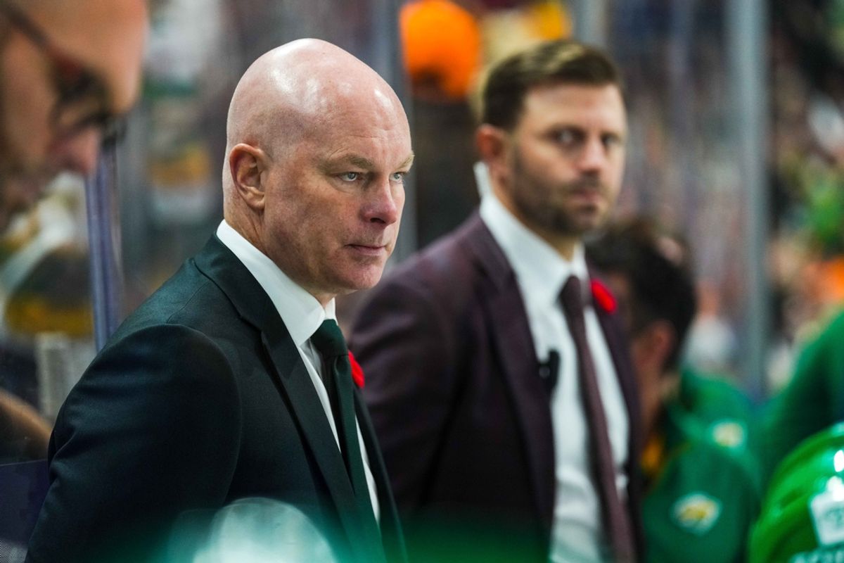 Nov 3, 2024; Saint Paul, Minnesota, USA; Minnesota Wild head coach John Hynes looks on during the third period against the Toronto Maple Leafs at Xcel Energy Center. Mandatory Credit: Brace Hemmelgarn-Imagn Images