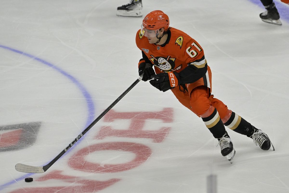 Nov 3, 2024; Anaheim, California, USA;  Anaheim Ducks left wing Cutter Gauthier (61) handles the puck in the second period against the Chicago Blackhawks at Honda Center. Mandatory Credit: Jayne Kamin-Oncea-Imagn Images