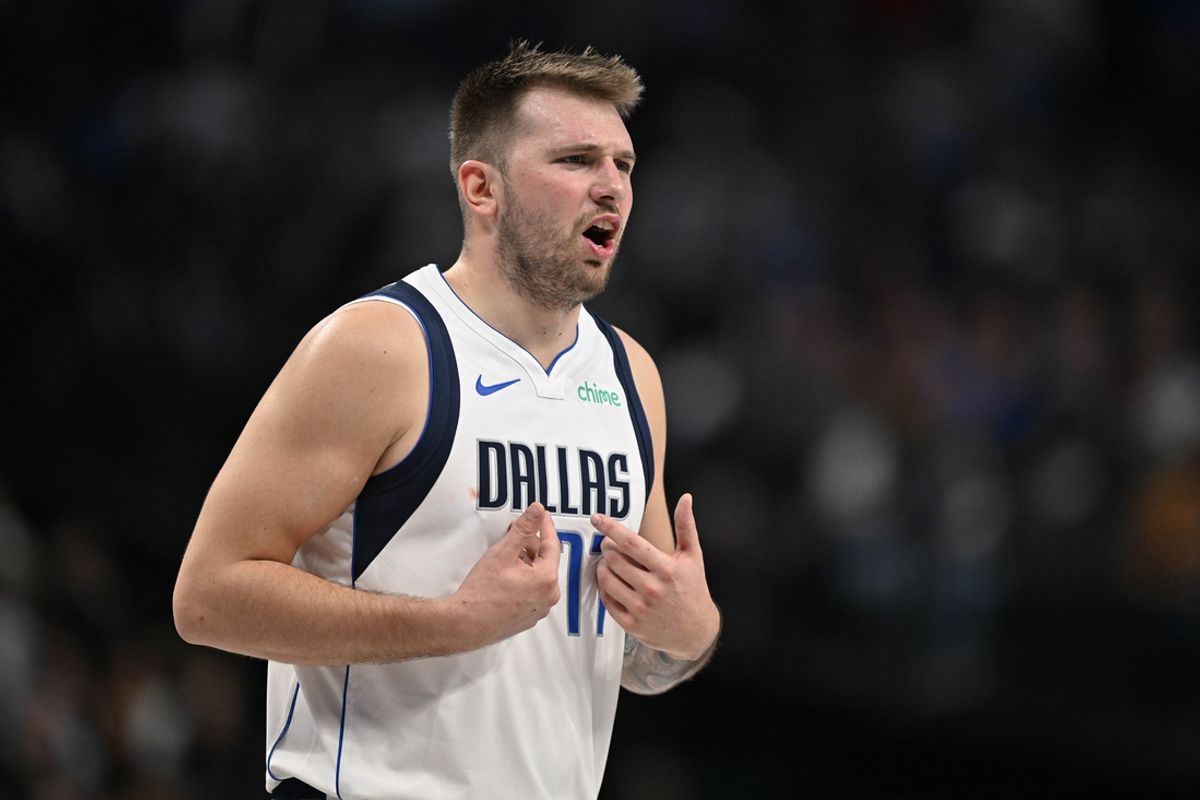 Nov 3, 2024; Dallas, Texas, USA; Dallas Mavericks guard Luka Doncic (77) reacts to receiving a technical foul during the second half against the Orlando Magic at the American Airlines Center. Mandatory Credit: Jerome Miron-Imagn Images