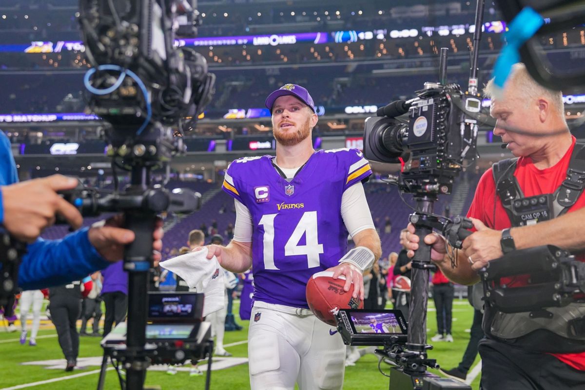 Nov 3, 2024; Minneapolis, Minnesota, USA; Minnesota Vikings quarterback Sam Darnold (14) leaves the field after the game against the Indianapolis Colts at U.S. Bank Stadium. Mandatory Credit: Brad Rempel-Imagn Images