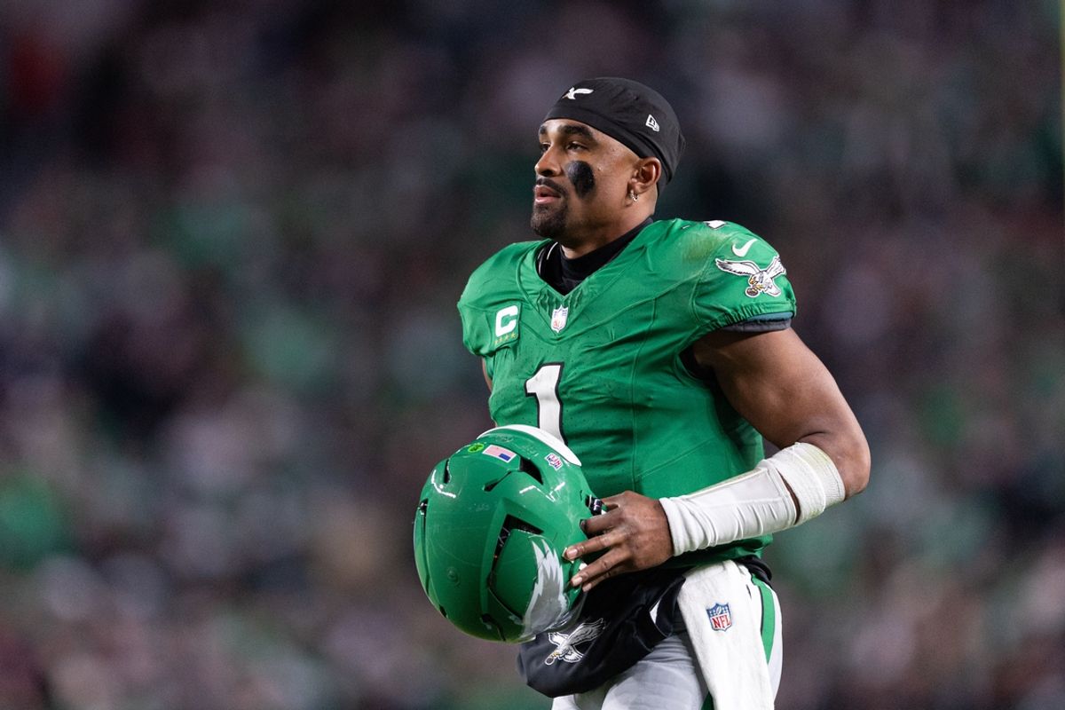 Nov 3, 2024; Philadelphia, Pennsylvania, USA; Philadelphia Eagles quarterback Jalen Hurts (1) in a game against the Jacksonville Jaguars at Lincoln Financial Field. Mandatory Credit: Bill Streicher-Imagn Images