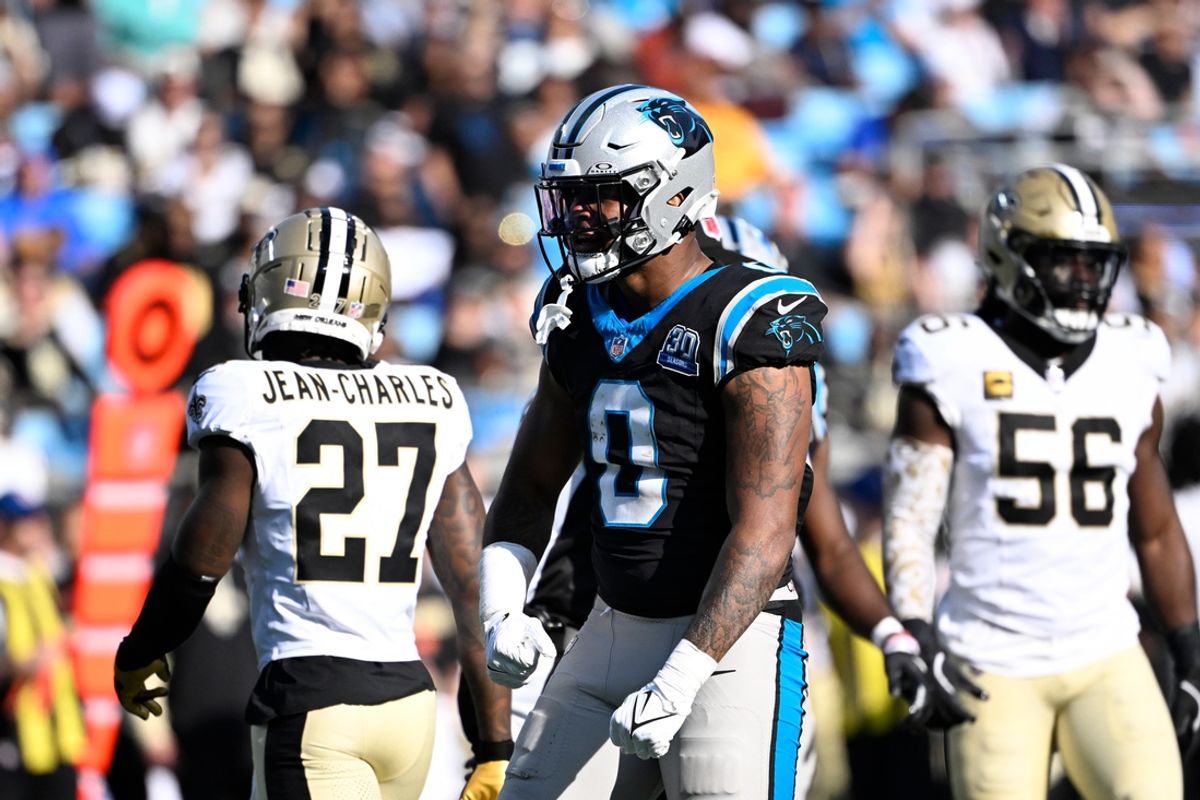 Nov 3, 2024; Charlotte, North Carolina, USA; Carolina Panthers tight end Ja'Tavion Sanders (0) reacts after making a catch in the third quarter at Bank of America Stadium. Mandatory Credit: Bob Donnan-Imagn Images