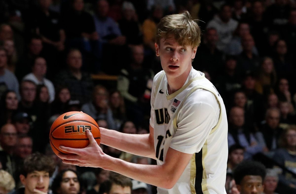 Purdue Boilermakers center Daniel Jacobsen (12) grabs a rebound Monday, Nov. 4, 2024, during the NCAA men’s basketball game against the Texas A&M-CC Islanders at Mackey Arena in West Lafayette, Ind.