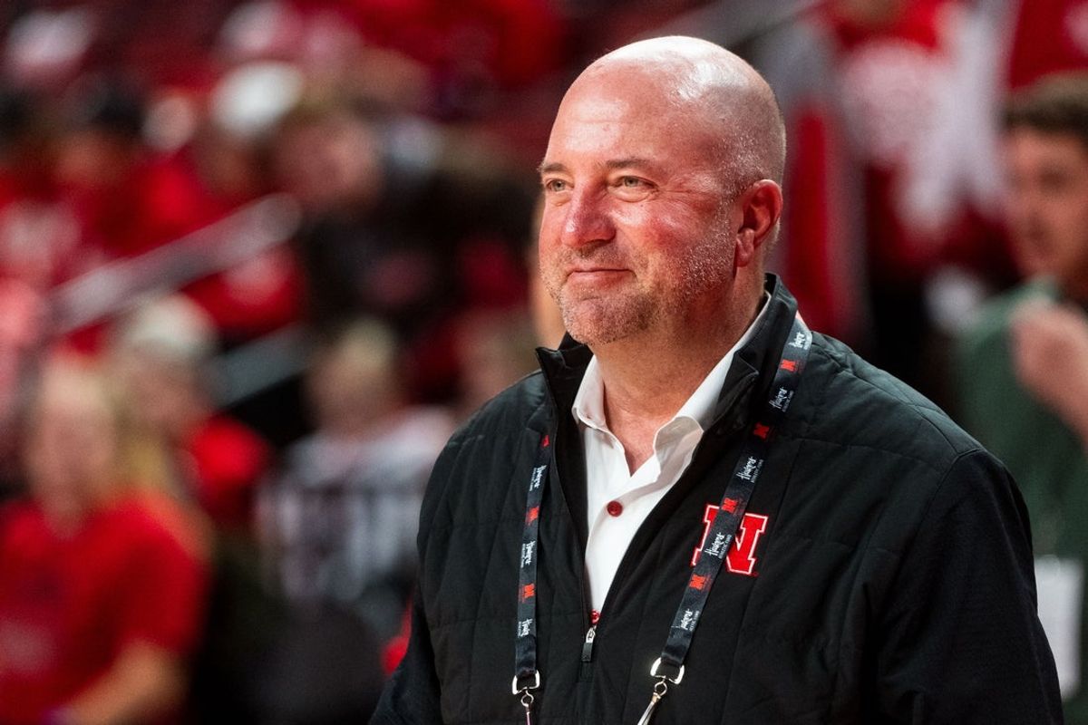 Nov 4, 2024; Lincoln, Nebraska, USA; Nebraska Cornhuskers Athletic Director Troy Dannen watches warmups before the game against the UT Rio Grande Valley Vaqueros at Pinnacle Bank Arena. Mandatory Credit: Dylan Widger-Imagn Images