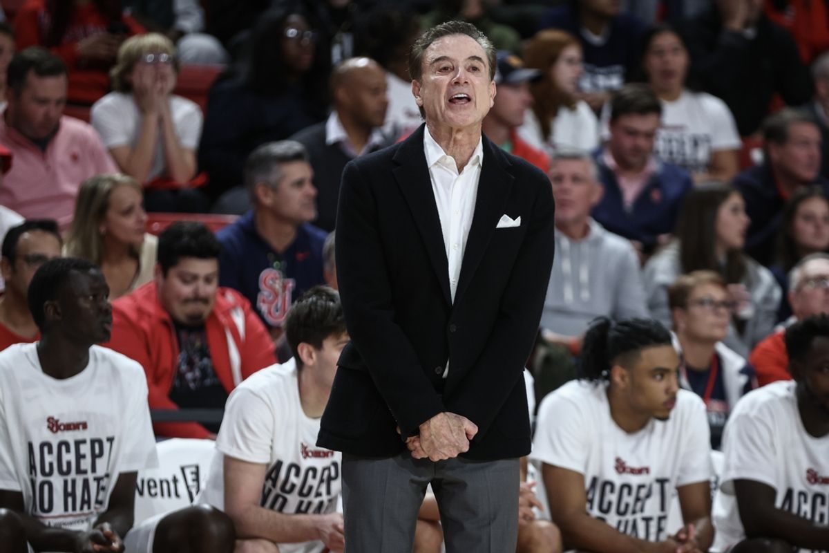 Nov 4, 2024; Queens, New York, USA;  St. John's head coach Rick Pitino yells out instructions in the first half against the Fordham Rams at Carnesecca Arena. Mandatory Credit: Wendell Cruz-Imagn Images