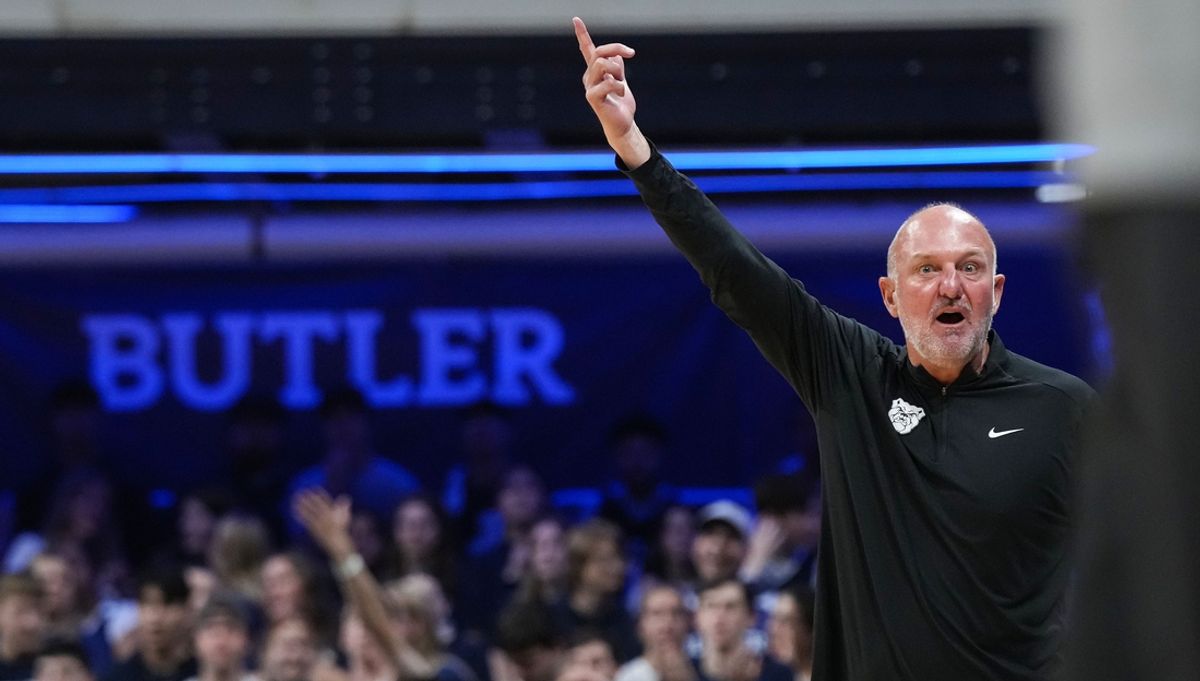 Butler Bulldogs head coach Thad Matta points to the replay on the screen while staring at the referee on Monday, Nov. 4, 2024, during the game at Hinkle Fieldhouse in Indianapolis.
