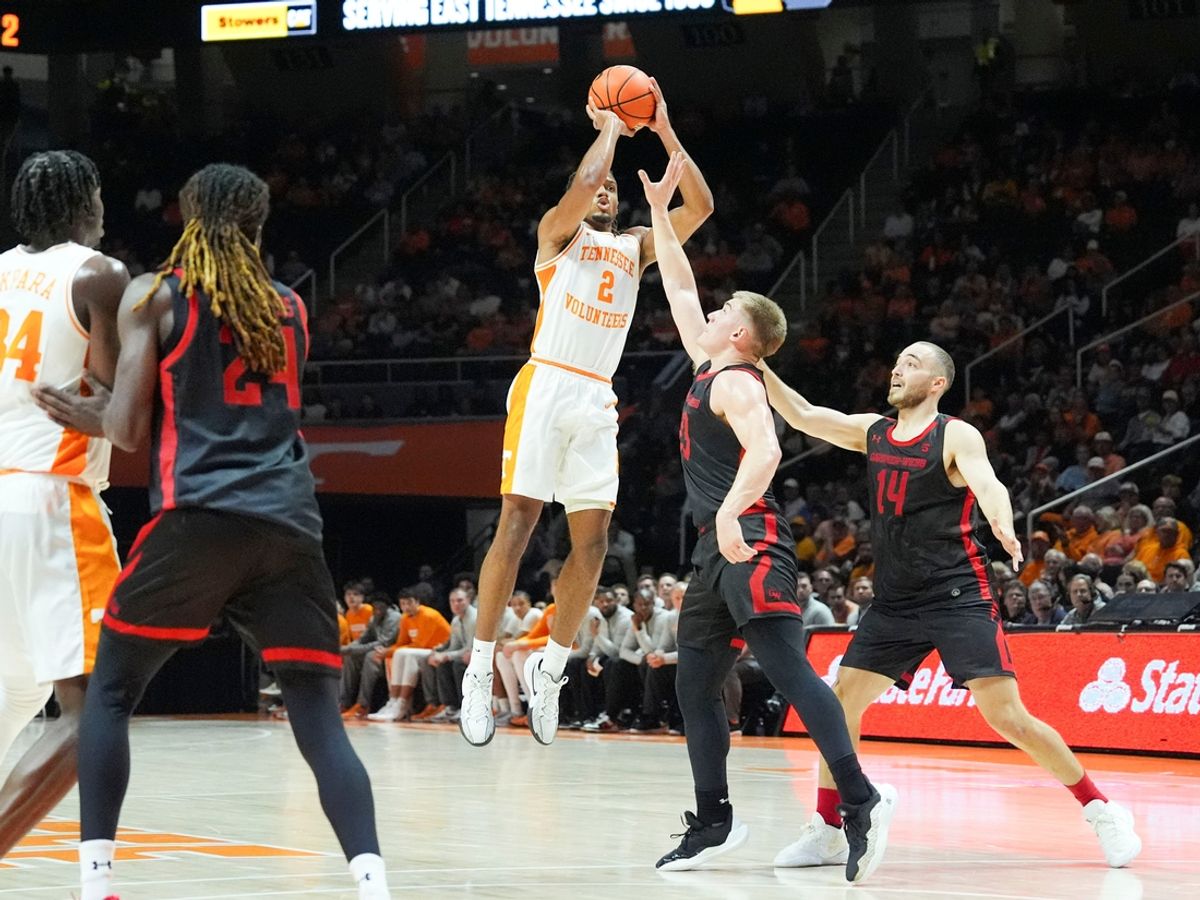 Tennessee guard Chaz Lanier (2) with the 3-point shot during an NCAA college basketball game against Gardner-Webb on Monday, Nov. 4, 2024, in Knoxville, Tenn.