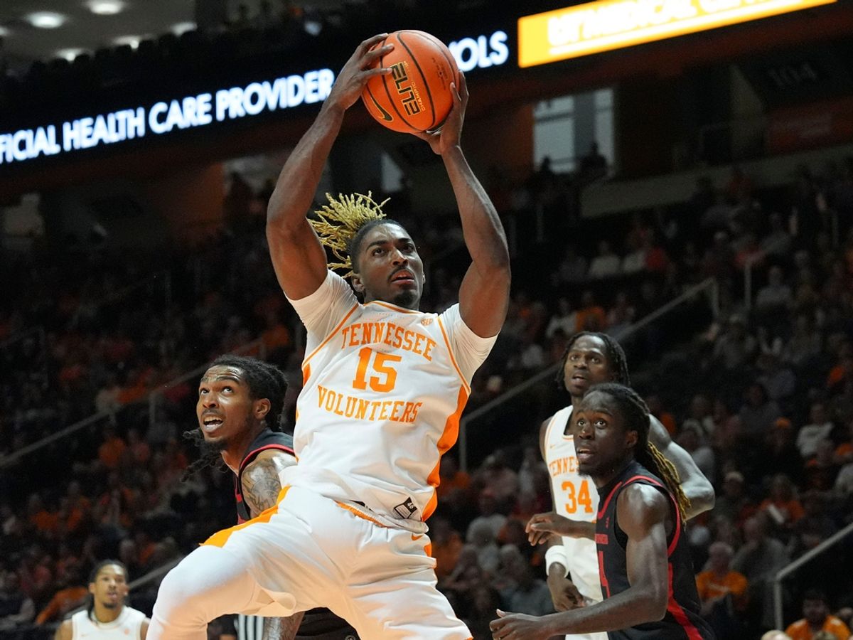 Tennessee guard Jahmai Mashack (15) gets the rebound during an NCAA college basketball game against Gardner-Webb on Monday, Nov. 4, 2024, in Knoxville, Tenn.